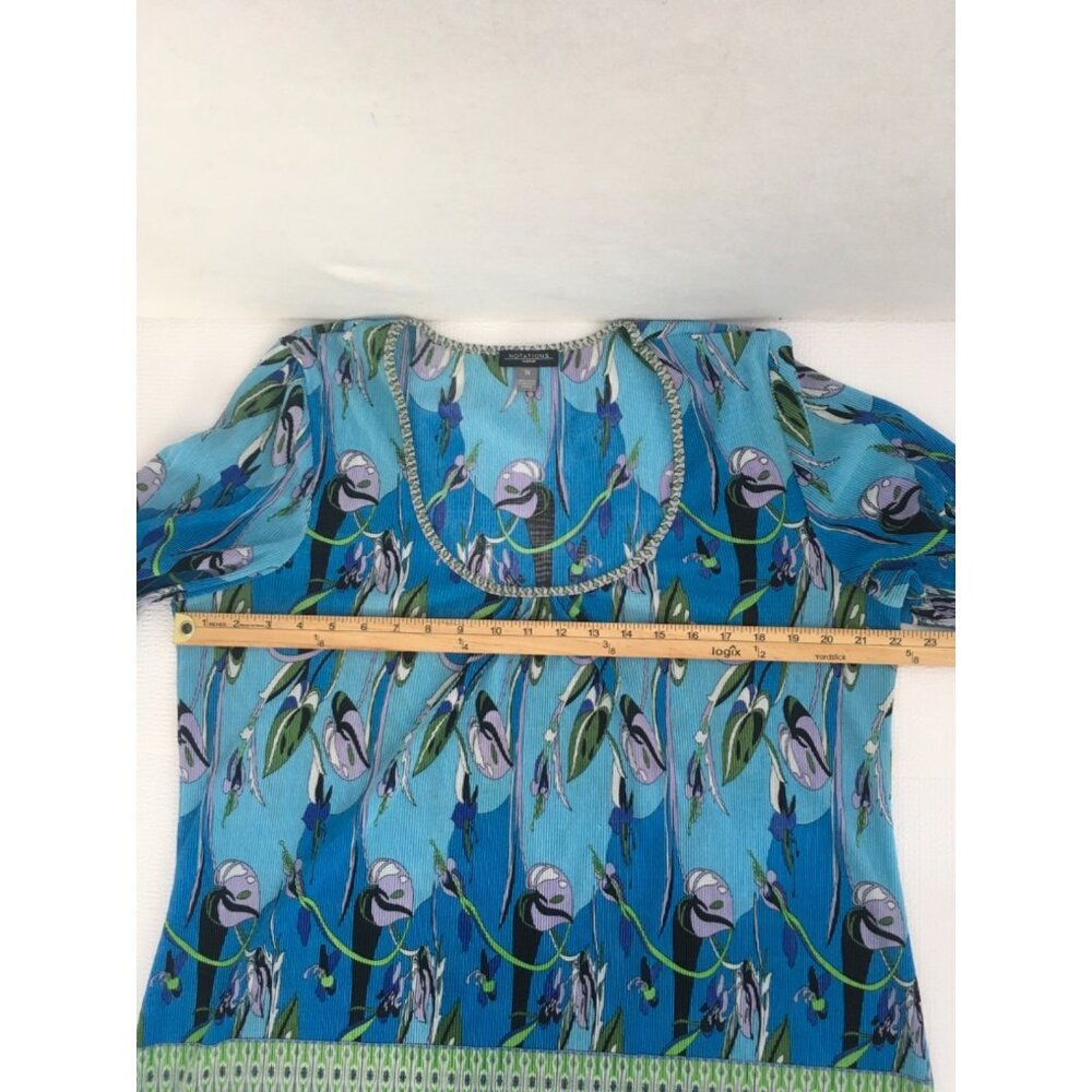 Notations Top Women Size 1X Crinkle Blue Green Black Gray Floral 3/4 Sleeves - Picture 8 of 14